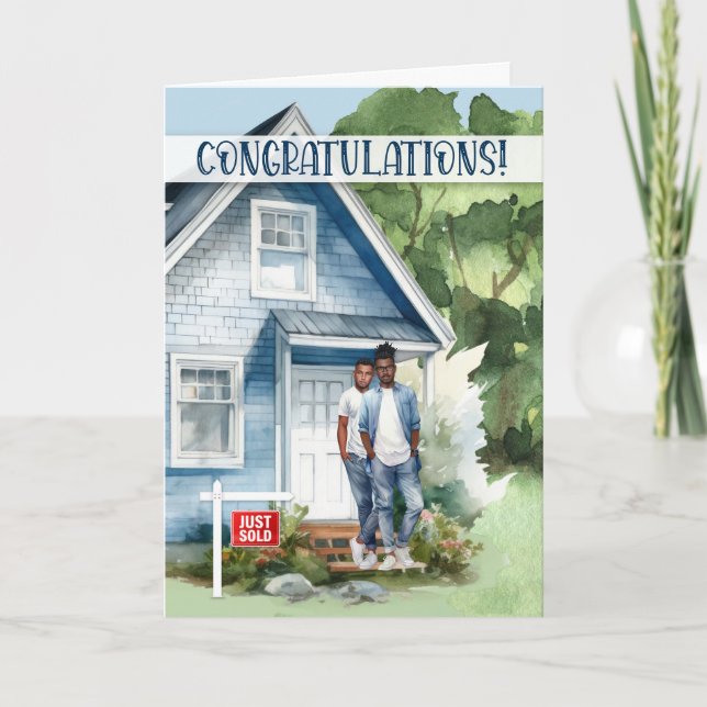 Tarjeta Nuevo hogar felicita a pareja gay afroamericana (Anverso)