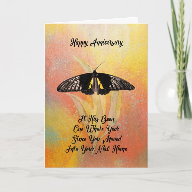 Tarjeta Nuevo Naranja de aniversario de casa con mariposa (Anverso)