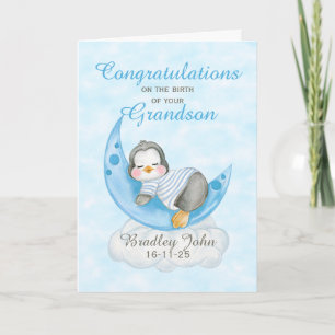 Tarjeta Nuevo nieto bebé  Luna de Pingüino Azul