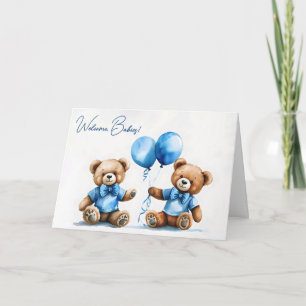 Tarjeta Nuevo Twin Boy Teddy Osos Con Globos Azules