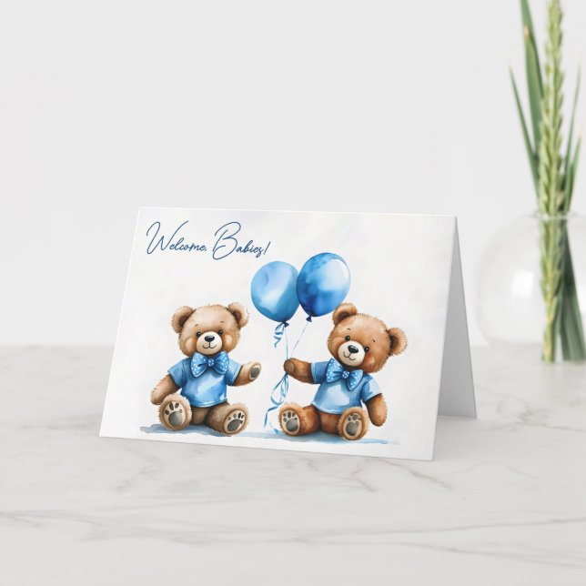 Tarjeta Nuevo Twin Boy Teddy Osos Con Globos Azules (Anverso)