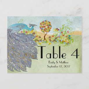 Tarjeta numérica de boda con árbol de pavo real y 