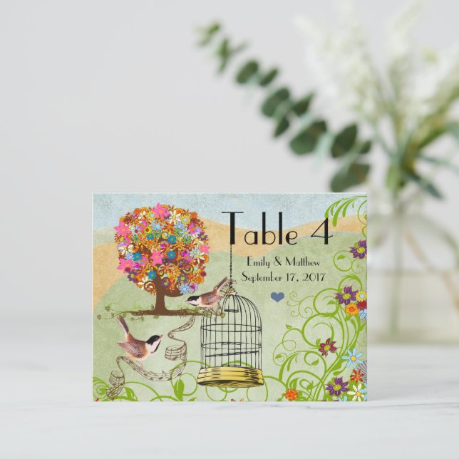 Tarjeta numérica de boda con flores, árbol, pájaro (Anverso de pie)