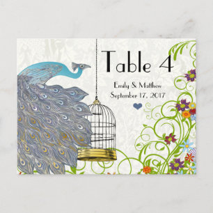 Tarjeta numérica de boda con pavo real y jaula de 
