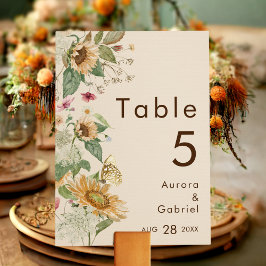 Tarjeta numérica de mesa de Boda beige de girasol