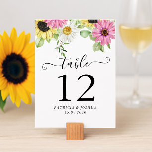 Tarjeta numérica de mesa de boda de girasol rústic