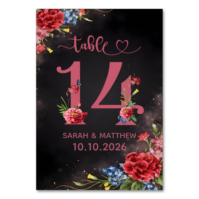 Tarjeta Número 14 de Mesa de Boda Floral Rosado (Anverso)