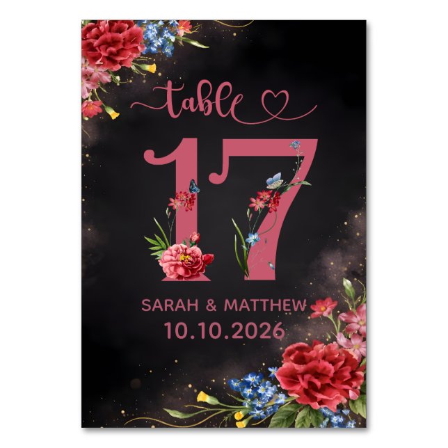 Tarjeta Número 17 de Mesa de Boda Floral Rosado (Anverso)