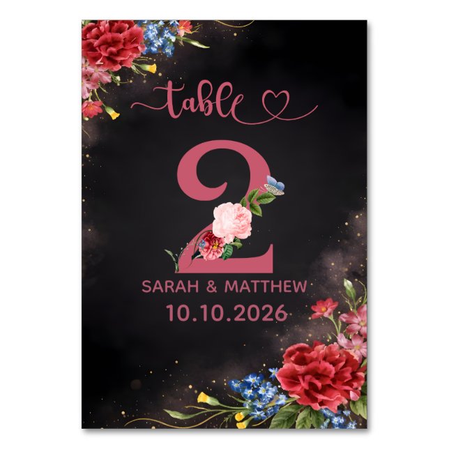 Tarjeta Número 2 de Mesa de Boda Floral Rosado (Anverso)