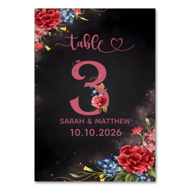 Tarjeta Número 3 de Mesa de Boda Floral Sonrojado (Anverso)