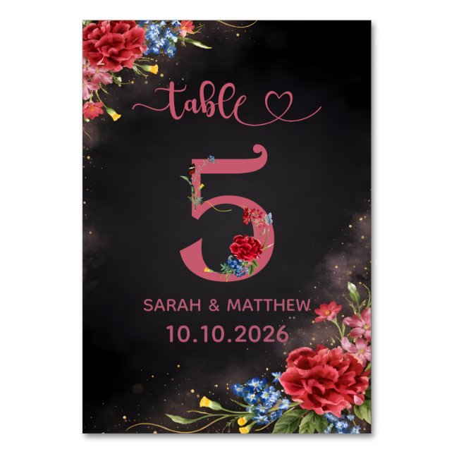 Tarjeta Número 5 de Mesa de Boda Floral Sonrojada (Anverso)