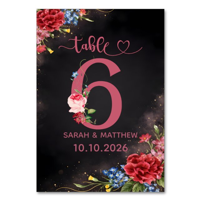 Tarjeta Número 6 de Mesa de Boda Floral Rosado (Anverso)