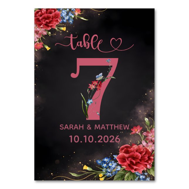 Tarjeta Número 7 de Mesa de Boda Floral Sonrojado (Anverso)