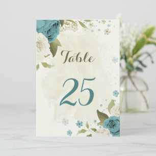 tarjeta número de mesa de flores azules blancas ve