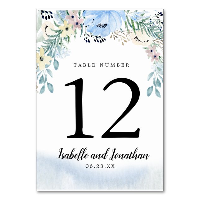 Tarjeta número de tabla de Boda Blue Floral DIY (Anverso)