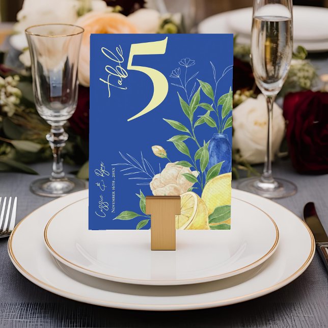 Tarjeta número de tabla de Boda de limón floral az (Blue Floral Lemon Wedding Table Number Card)