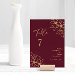 Tarjeta número de tabla de Boda floral de oro de B<br><div class="desc">Esta tarjeta de boda floral de oro burdeos cuenta con un magnífico y sofisticado entorno de merlot oscuro con una elegante caligrafía de oro y adornos florales dorados. La historia de color de joyas y los acentos dorados del boho botánico, junto con un guión delicado mínimo, crean una estética moderna,...</div>