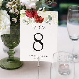 Tarjeta número de tabla de Boda floral de rosas ro