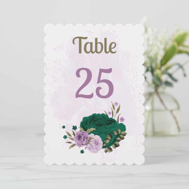 tarjeta número de tabla de flores moradas verde es (Anverso de pie)