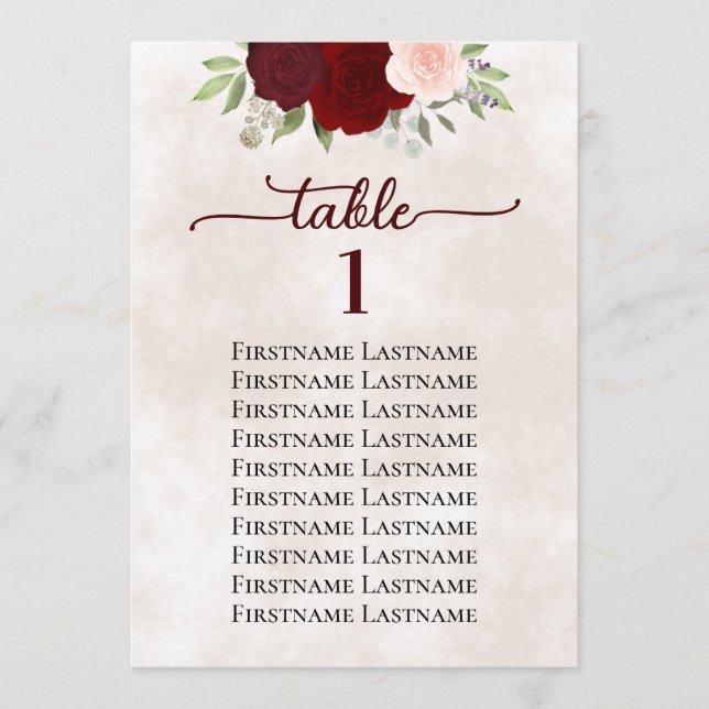 Tarjeta Número de tabla de la tabla de la tabla de asiento (Anverso)