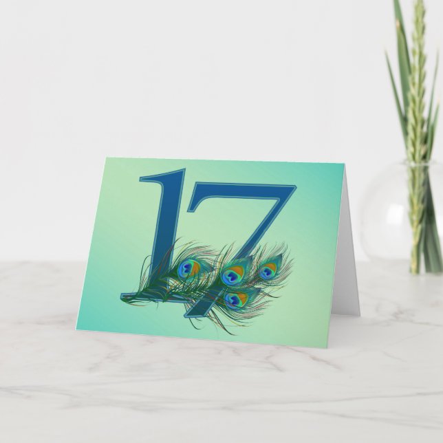 Tarjeta Números de pavo real por 17 años o aniversario (Anverso)