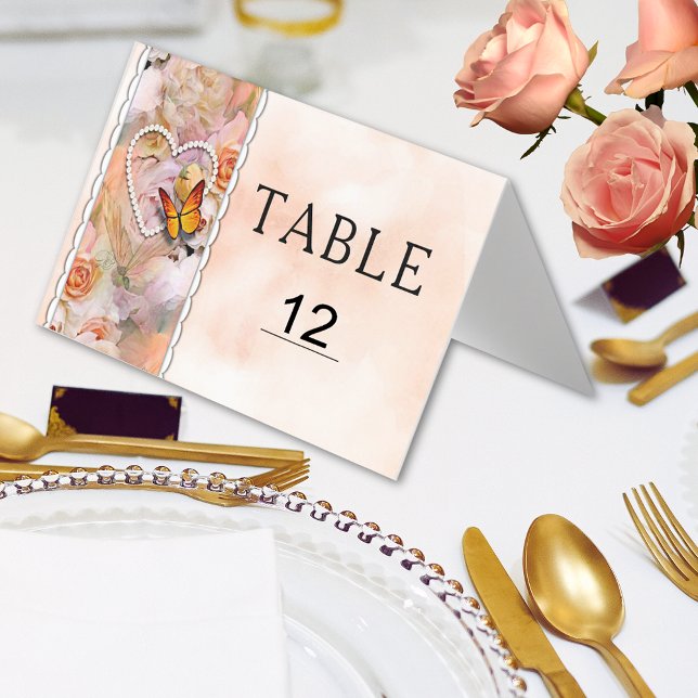 Tarjeta Números de tabla de mariposa floral de Pearl Heart (Pearl Heart Orange Floral Butterfly Table Numbers for weddings, anniversary, party, celebration)