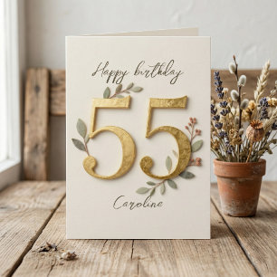 Tarjeta Números Dorados Elegantes Botánicos Cumpleaños 55
