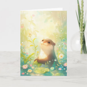Tarjeta Nutria Alegre en un Caprichoso Mundo Floral Lluvio