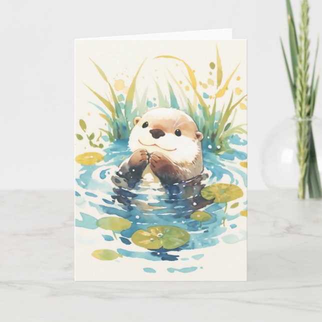 Tarjeta Nutria Alegre Entre Cojines de Lirios (Anverso)
