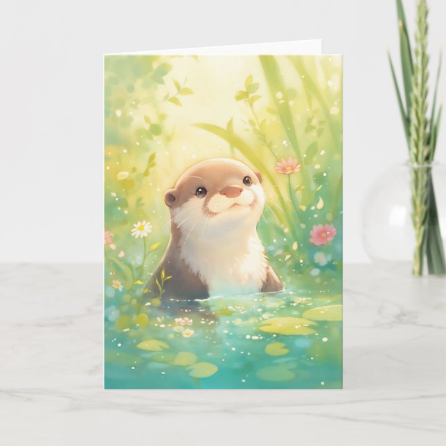 Tarjeta Nutria Caprichosa en un Estanque Florido (Anverso)