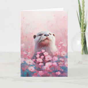 Tarjeta Nutria Curiosa en un Mar de Suaves Pétalos de Flor