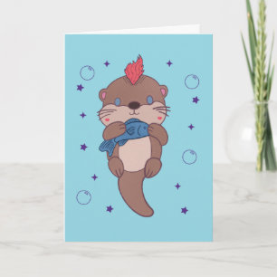 Tarjeta Nutria de mar de rock punk con pescado   Arte dive