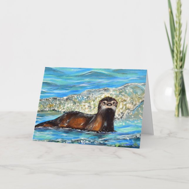 Tarjeta Nutria en las olas 2 Pintura (Anverso)