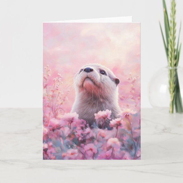 Tarjeta Nutria Espiando a Través de Soñadoras Flores en Fl (Anverso)