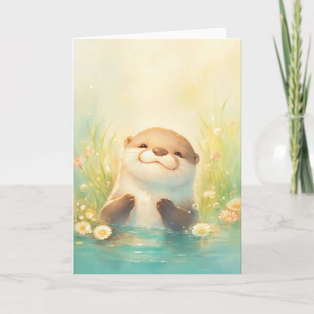 Tarjeta Nutria Feliz en una Escena de Agua Tranquila (Anverso)