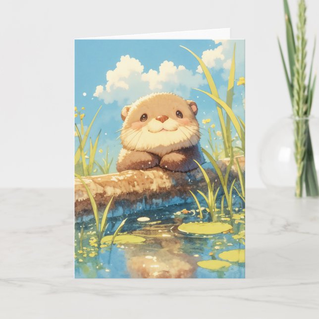 Tarjeta Nutria juguetona en una pradera soleada (Anverso)
