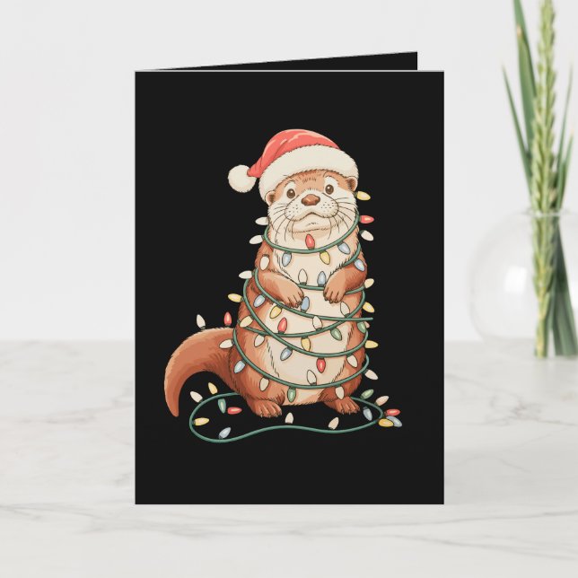 Tarjeta Nutria Navidad Animal Luces de Navidad Gorro de Sa (Anverso)