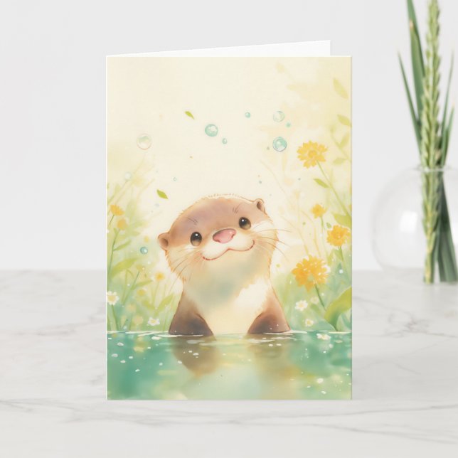 Tarjeta Nutria sonriente en una pradera de sol (Anverso)