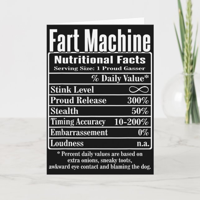 Tarjeta Nutrion Facts Fart Machine Dad Jokes Funny Farting (Anverso)