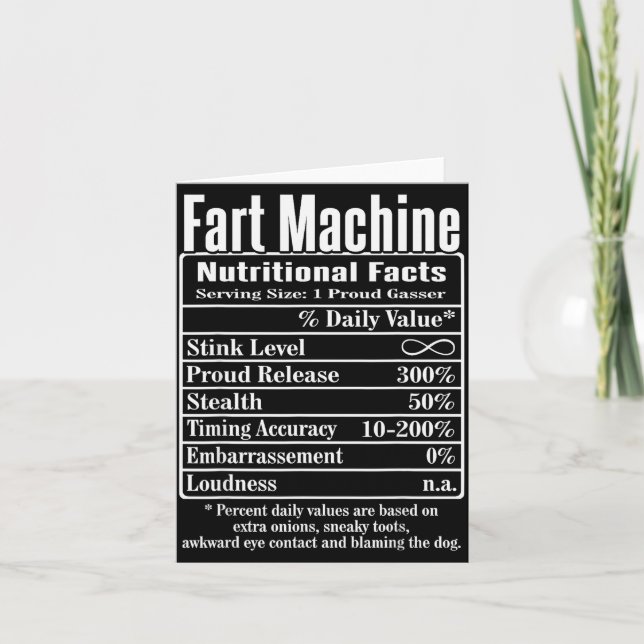 Tarjeta Nutrion Facts Fart Machine Dad Jokes Funny Farting (Anverso)