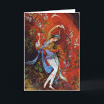 Tarjeta Nymph en miniatura persa<br><div class="desc">Hermosa pintura de una joven ninfa chica usando el tradicional traje de folk iraní con túnicas floridas,  bailando y vertiendo vino de la jarra contra un fondo de fantasía sobre todo rojo vivo y brillante</div>
