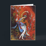 Tarjeta Nymph en miniatura persa<br><div class="desc">Hermosa pintura de una joven ninfa chica usando el tradicional traje de folk iraní con túnicas floridas,  bailando y vertiendo vino de la jarra contra un fondo de fantasía sobre todo rojo vivo y brillante</div>
