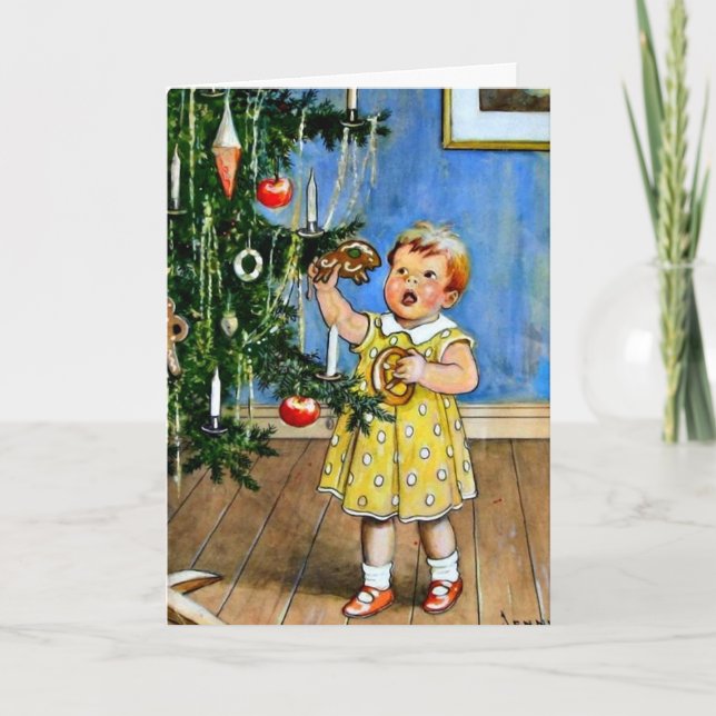 Tarjeta Nystrom - Chica del árbol de Navidad, añeja (Anverso)