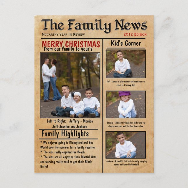 Tarjeta o boletín de Navidades de noticias familia (Anverso)
