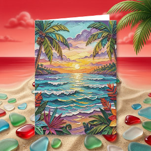 Tarjeta Océano, palmeras y vidrio de mar Feliz Cumpleaño
