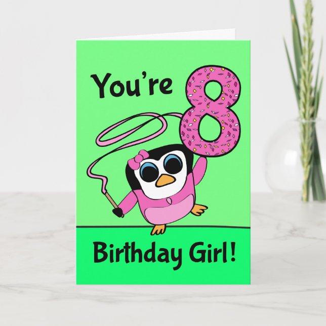 Tarjeta Octavo cumpleaños - Pingüino de gimnasta (Anverso)