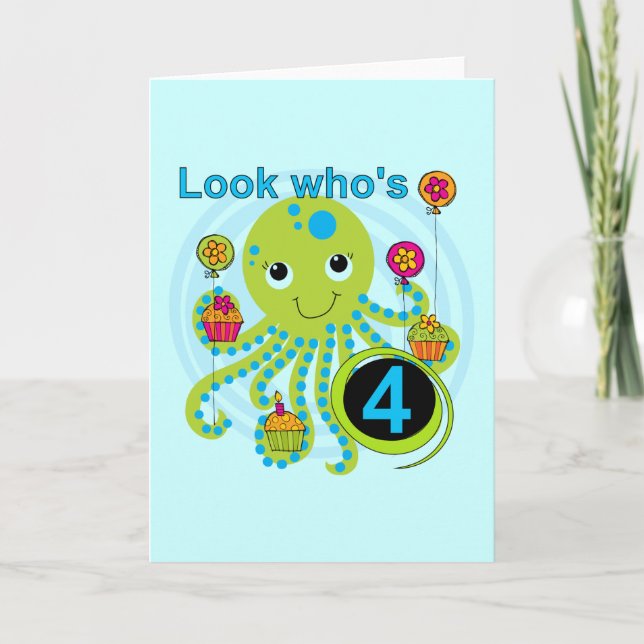 Tarjeta Octopus 4º cumpleaños camisetas y regalos de T (Anverso)