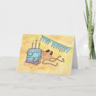 Tarjeta Octopus con pastel feliz cumpleaños