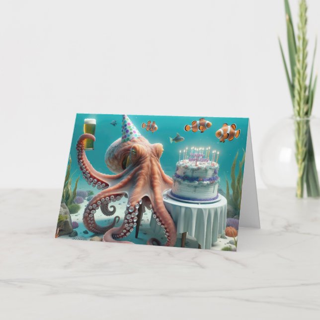 Tarjeta Octopus de cumpleaños con cerveza (Anverso)