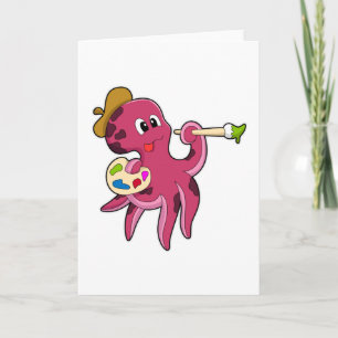 Tarjeta Octopus en pintura con pincel y color